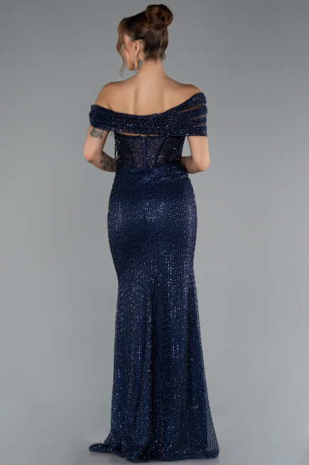 Long Navy Blue Beaded Evening Dress ABU5183