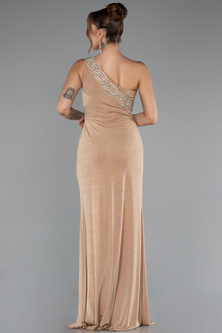 Gold One Shoulder Slit Glittered Long Prom Dress ABU4599