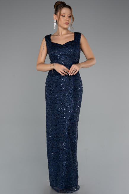 Long Navy Blue Beaded Evening Dress ABU5187