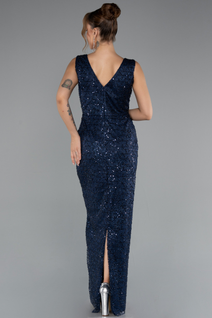 Long Navy Blue Beaded Evening Dress ABU5187