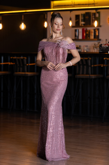 Long Powder Color Beaded Evening Dress ABU5183