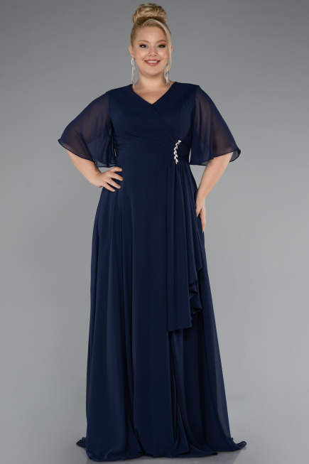 Long Navy Blue Chiffon Plus Size Evening Dress ABU5180