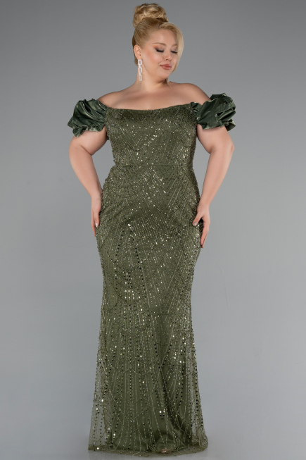 Olive Drab Long Beaded Plus Size Engagement Dress ABU4788