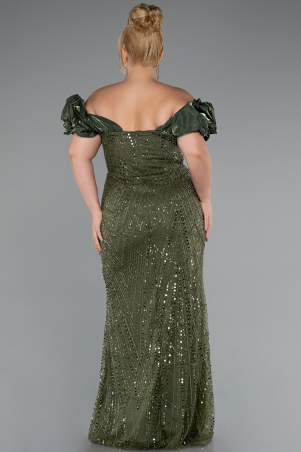 Olive Drab Long Beaded Plus Size Engagement Dress ABU4788