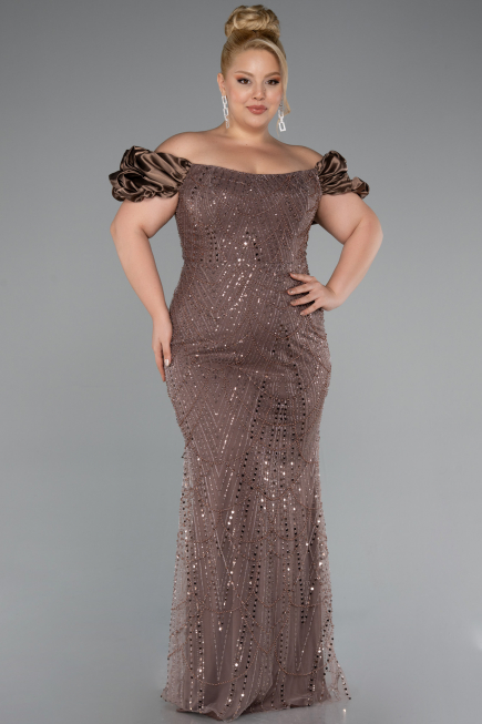 Brown Long Beaded Plus Size Engagement Dress ABU4788