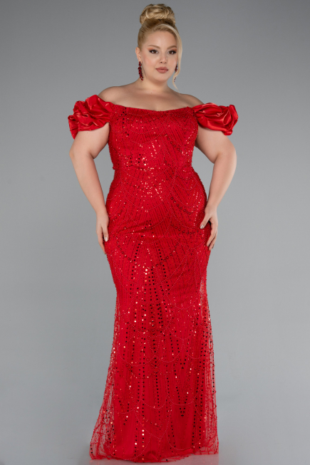 Red Long Beaded Plus Size Engagement Dress ABU4788