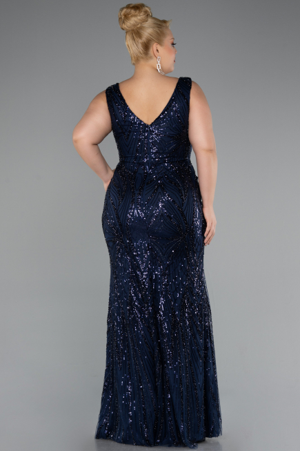 Long Navy Blue Beaded Formal Plus Size Dress ABU5188
