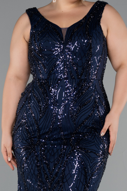 Long Navy Blue Beaded Formal Plus Size Dress ABU5188