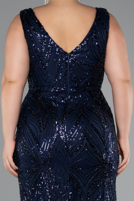 Long Navy Blue Beaded Formal Plus Size Dress ABU5188