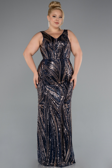 Long Navy Blue Beaded Formal Plus Size Dress ABU5189