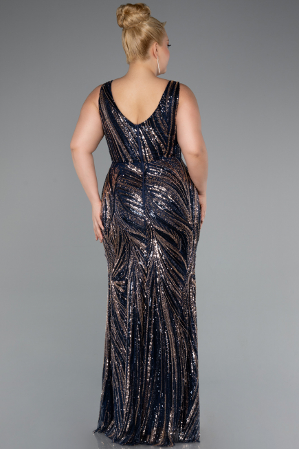 Long Navy Blue Beaded Formal Plus Size Dress ABU5189