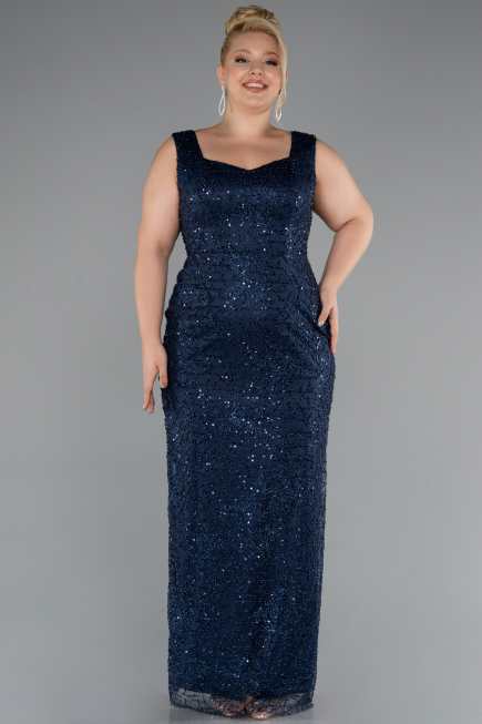 Long Navy Blue Beaded Formal Plus Size Dress ABU5190