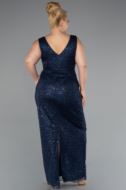 Long Navy Blue Beaded Formal Plus Size Dress ABU5190