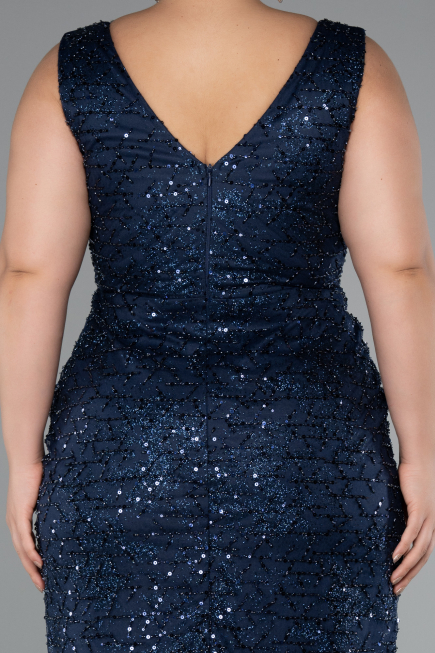 Long Navy Blue Beaded Formal Plus Size Dress ABU5190