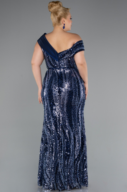 Long Navy Blue Beaded Plus Size Engagement Dress ABU5191