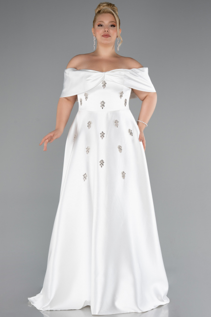 White Long Satin Plus Size Evening Gown ABU4998