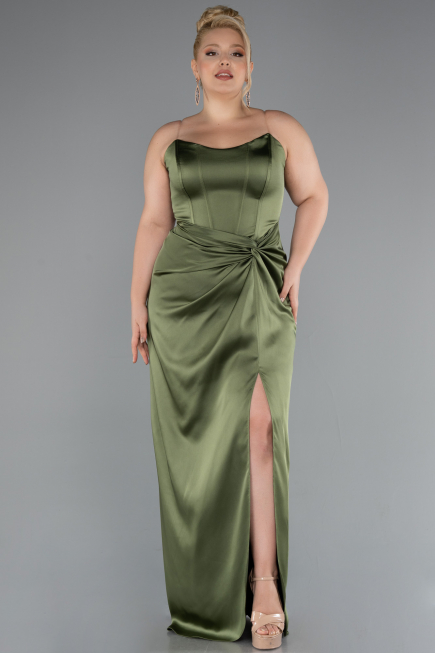 Long Olive Drab Satin Plus Size Evening Gown ABU5179