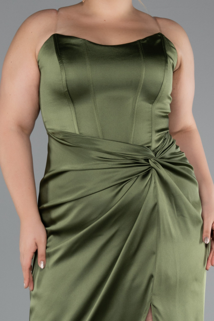 Long Olive Drab Satin Plus Size Evening Gown ABU5179