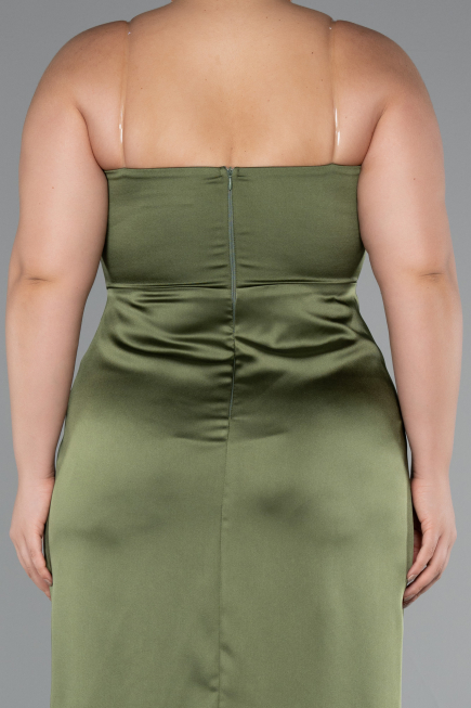 Long Olive Drab Satin Plus Size Evening Gown ABU5179