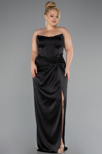 Long Black Satin Plus Size Evening Gown ABU5179