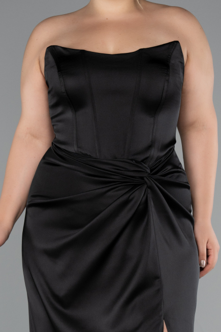 Long Black Satin Plus Size Evening Gown ABU5179