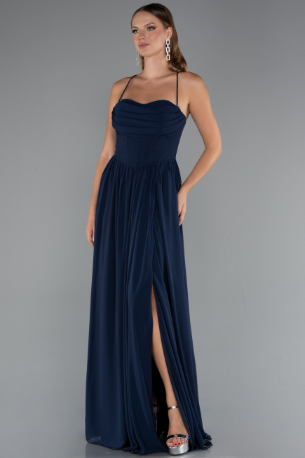 Long Navy Blue Chiffon Prom Gown ABU5223