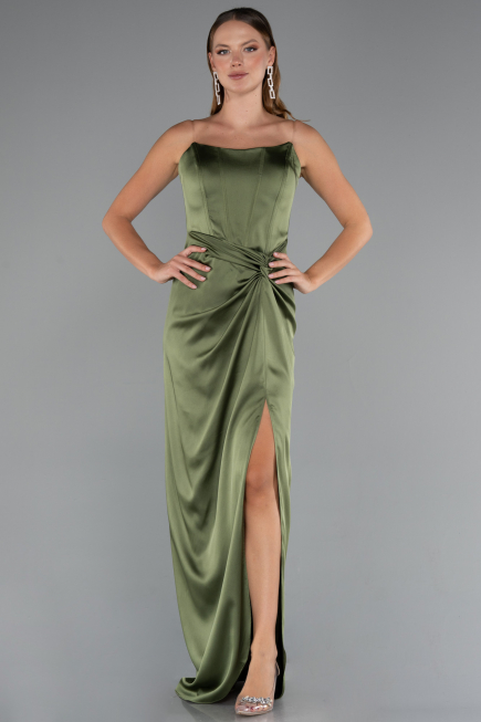 Olive Drab Long Satin Prom Gown ABU3474