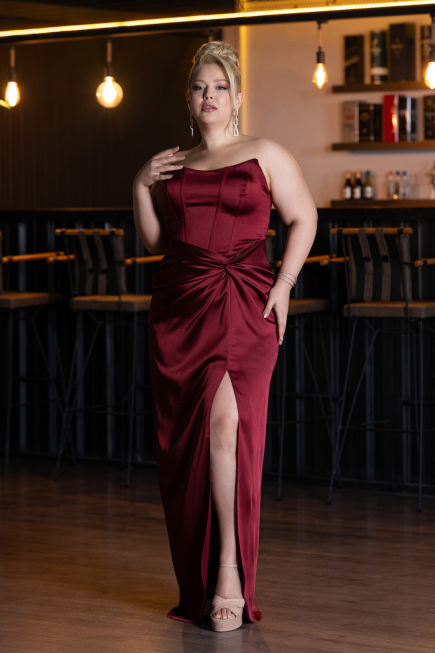 Long Burgundy Satin Plus Size Evening Gown ABU5179