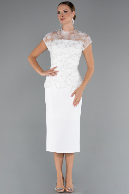 Midi White Dantelle Party Dress ABK2427