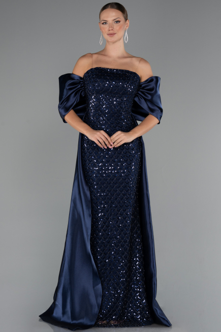 Long Navy Blue Beaded Evening Dress ABU5234