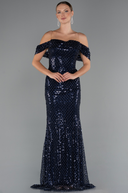 Long Navy Blue Beaded Evening Dress ABU5239