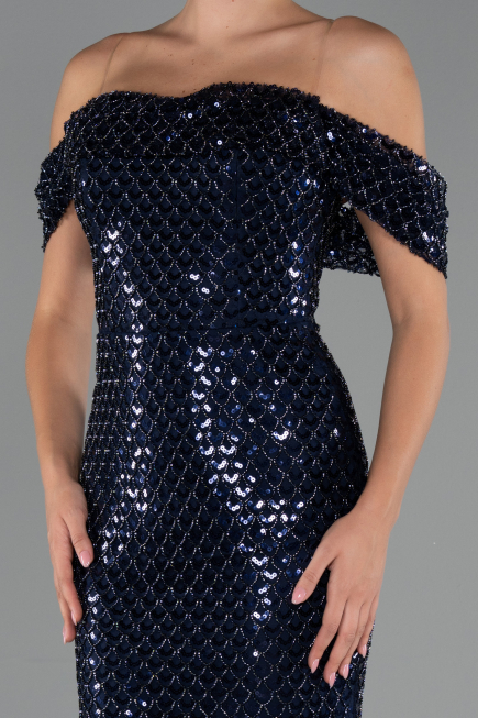 Long Navy Blue Beaded Evening Dress ABU5239