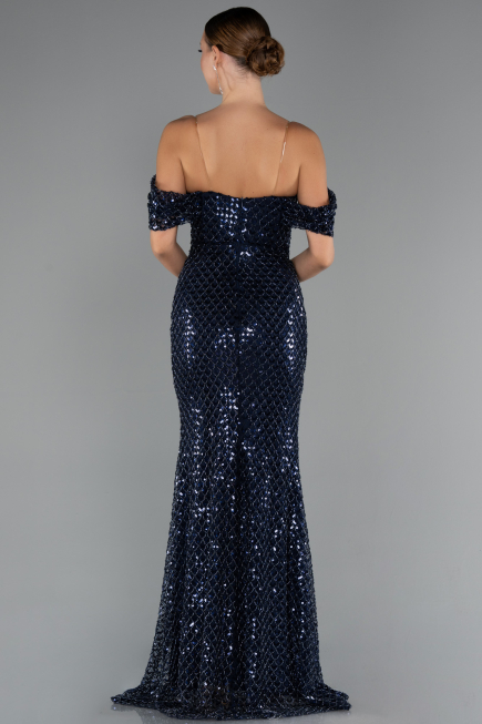 Long Navy Blue Beaded Evening Dress ABU5239