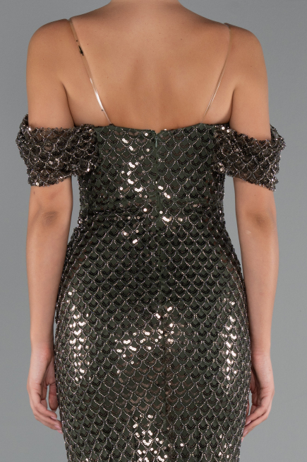 Long Olive Drab Beaded Evening Dress ABU5239