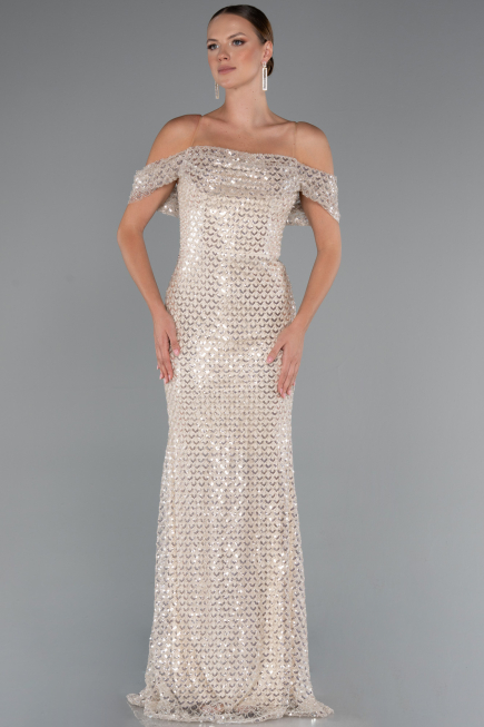 Long Beige Beaded Evening Dress ABU5239
