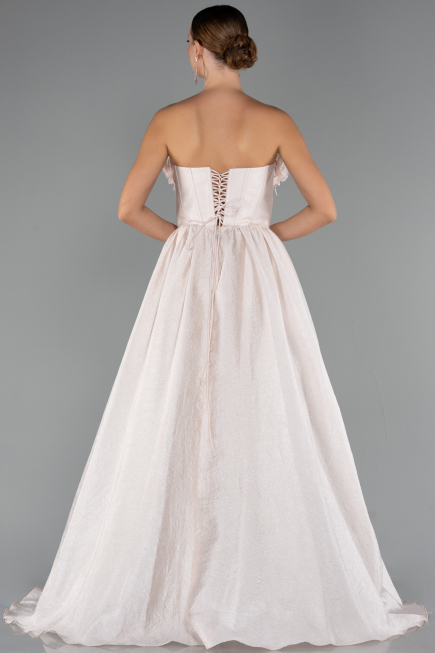 Cream Floral Strapless Collar Slit Long Prom Gown ABU4337
