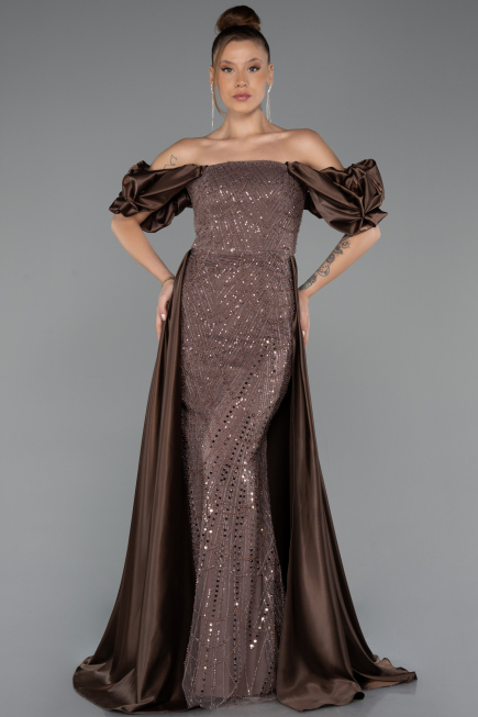 Long Brown Beaded Evening Dress ABU5154