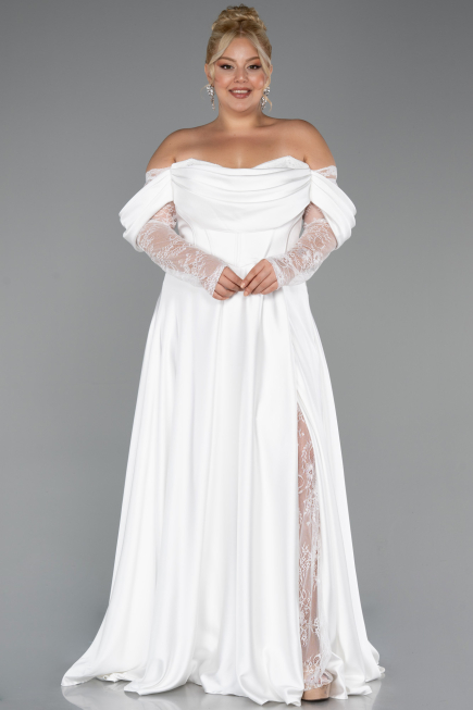 Long White Satin Formal Plus Size Dress ABU5261