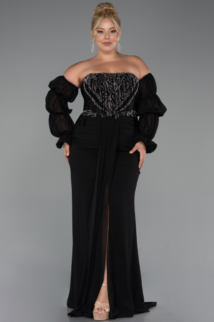 Long Black Chiffon Plus Size Evening Gown ABU5242