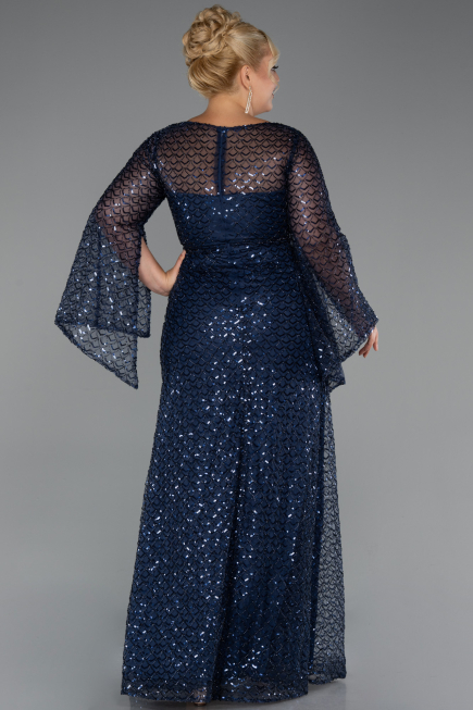 Long Navy Blue Beaded Plus Size Evening Gown ABU5243