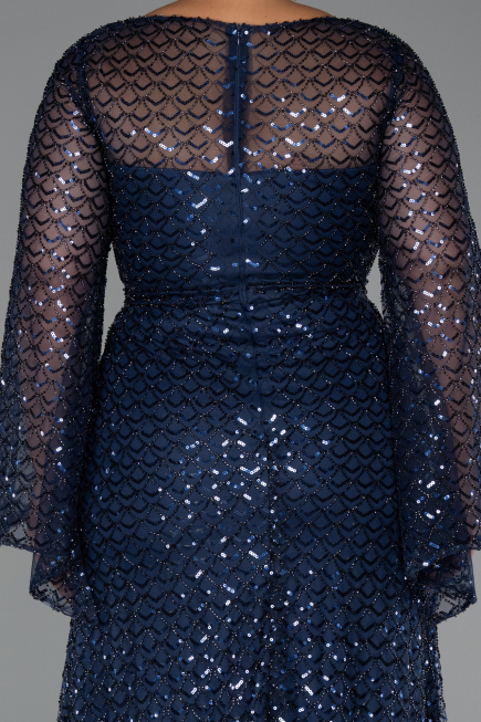 Long Navy Blue Beaded Plus Size Evening Gown ABU5243