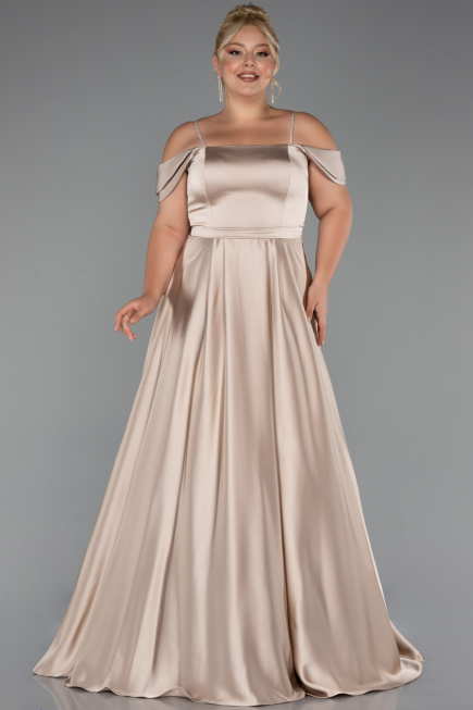 Long Beige Satin Plus Size Evening Dress ABU5251