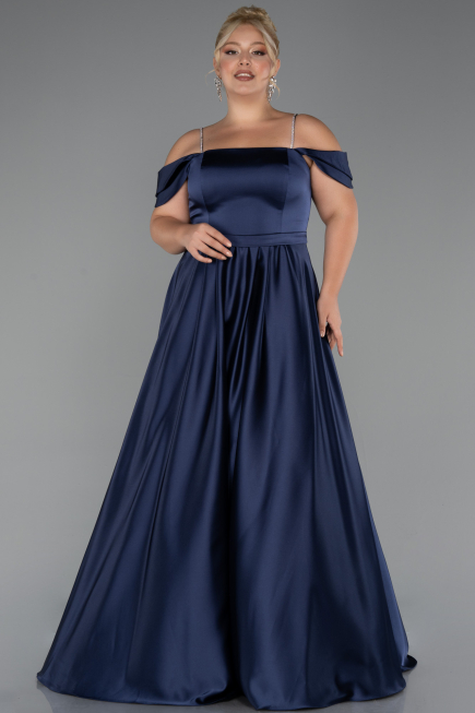 Long Navy Blue Satin Plus Size Evening Dress ABU5251