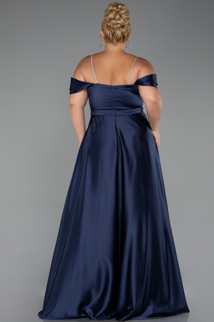 Long Navy Blue Satin Plus Size Evening Dress ABU5251