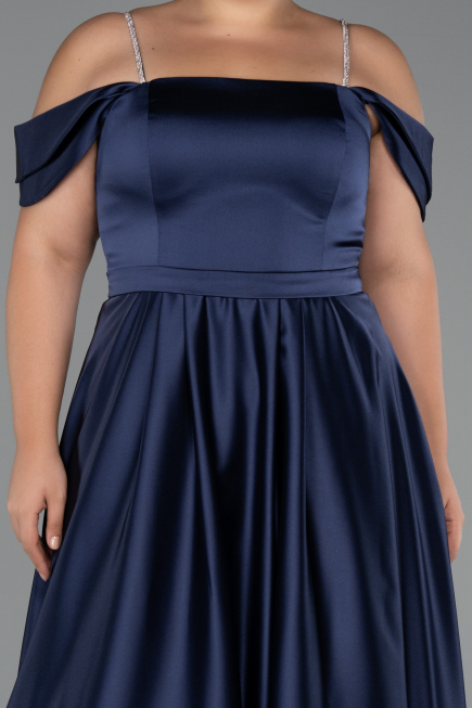 Long Navy Blue Satin Plus Size Evening Dress ABU5251