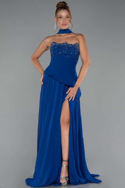 Long Sax Blue Chiffon Evening Dress ABU5280