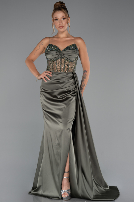 Long Olive Drab Satin Evening Dress ABU5288