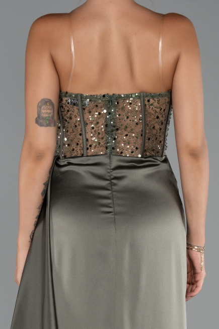 Long Olive Drab Satin Evening Dress ABU5288