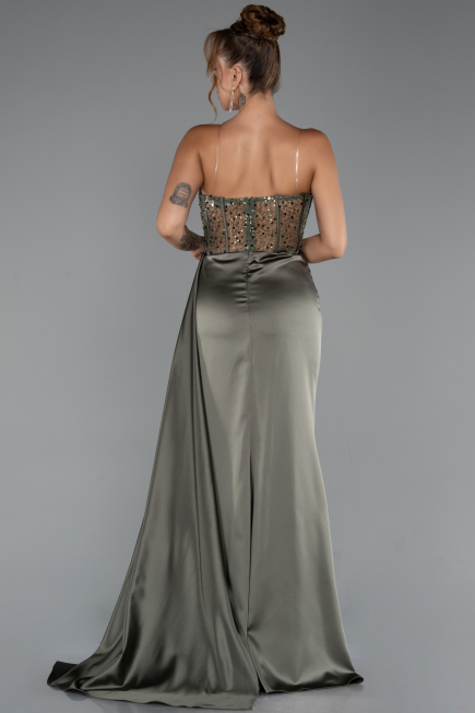 Long Olive Drab Satin Evening Dress ABU5288
