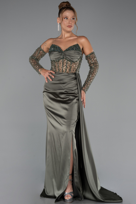 Long Olive Drab Satin Evening Dress ABU5288
